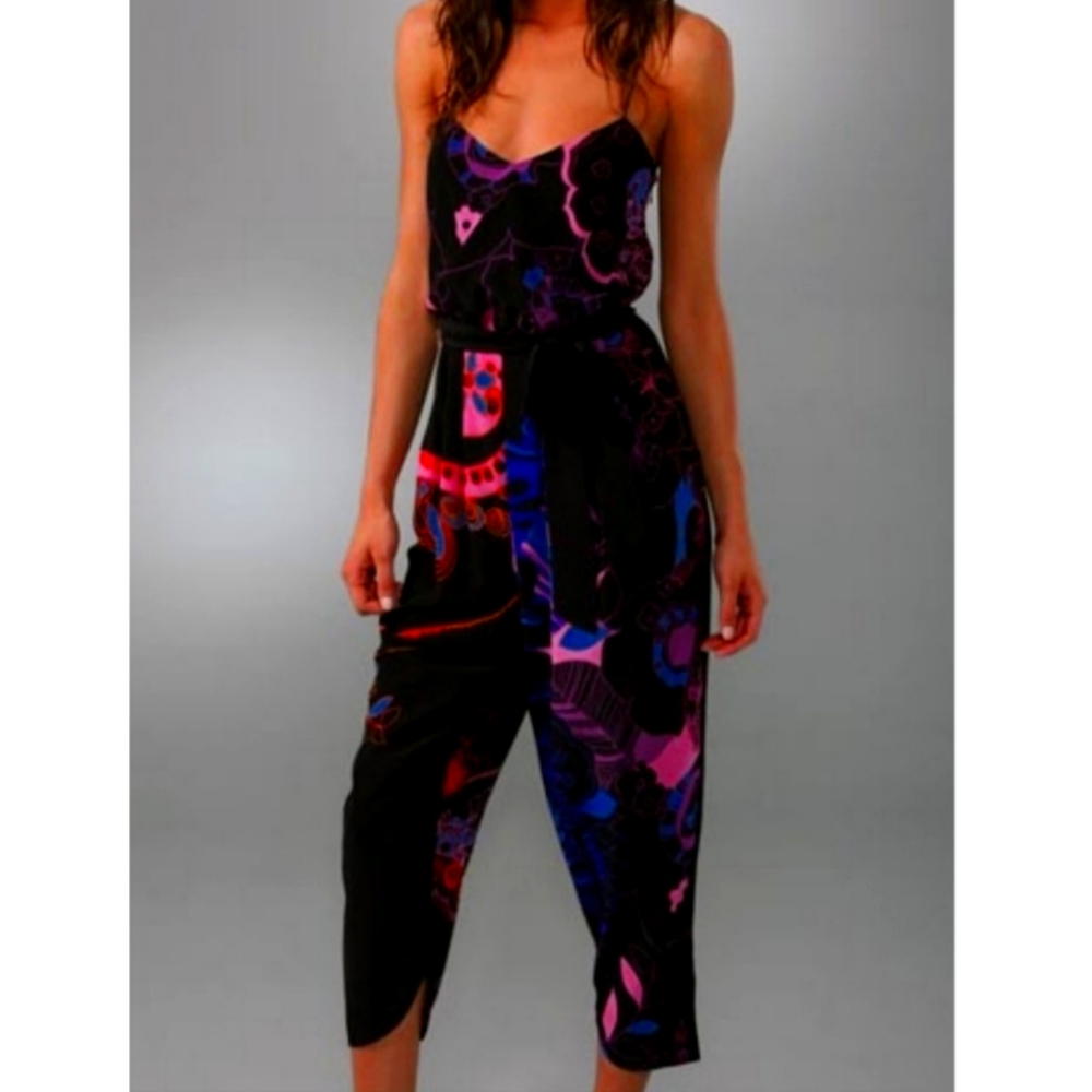 TIBI Ipanema Jumpsuit Silk Black Floral Spaghetti straps cropped jumpsuit